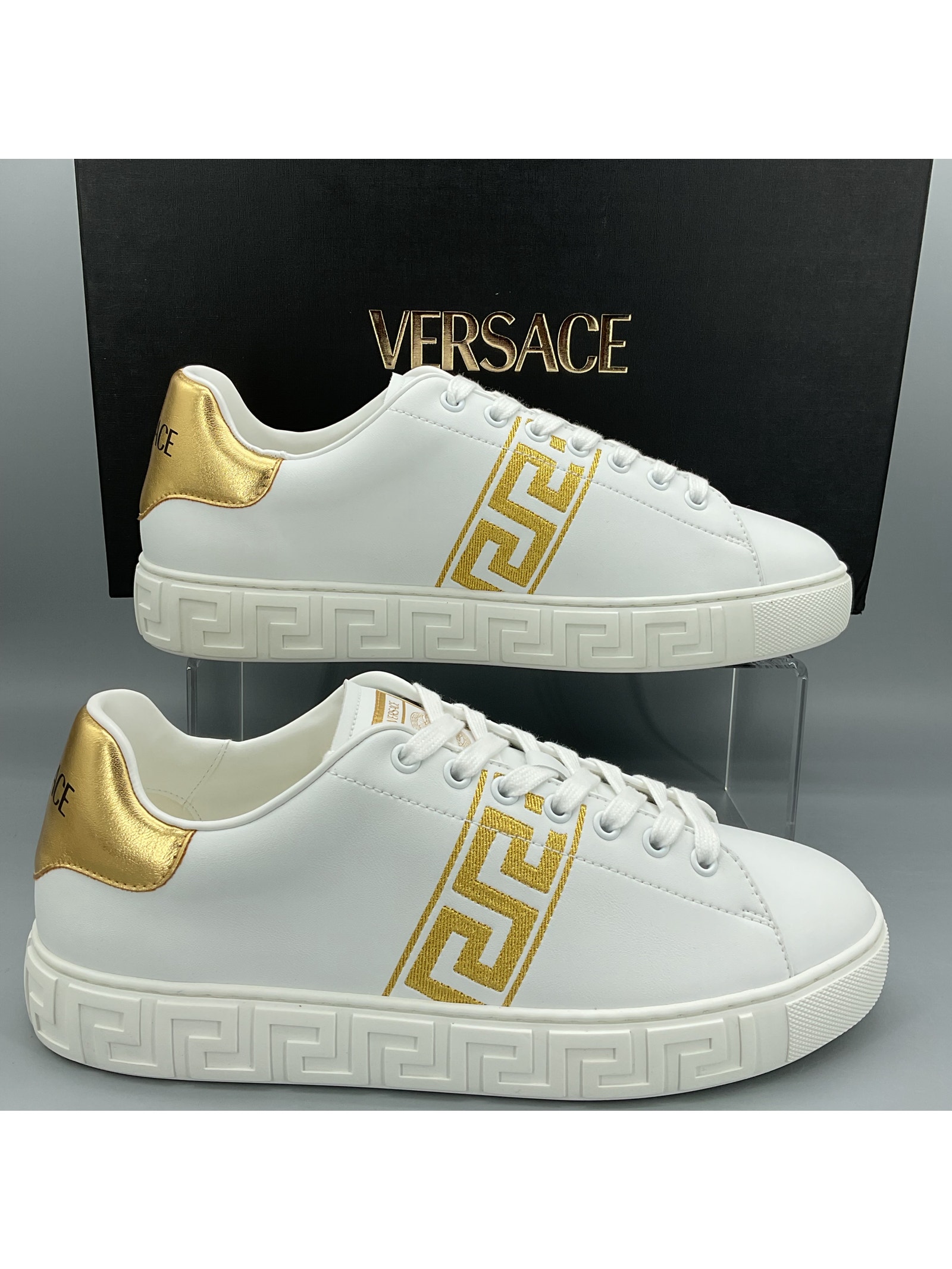 New Versace Women’s Greca Embroidered Nylon Sneakers White/Gold Us 10/Eu 40